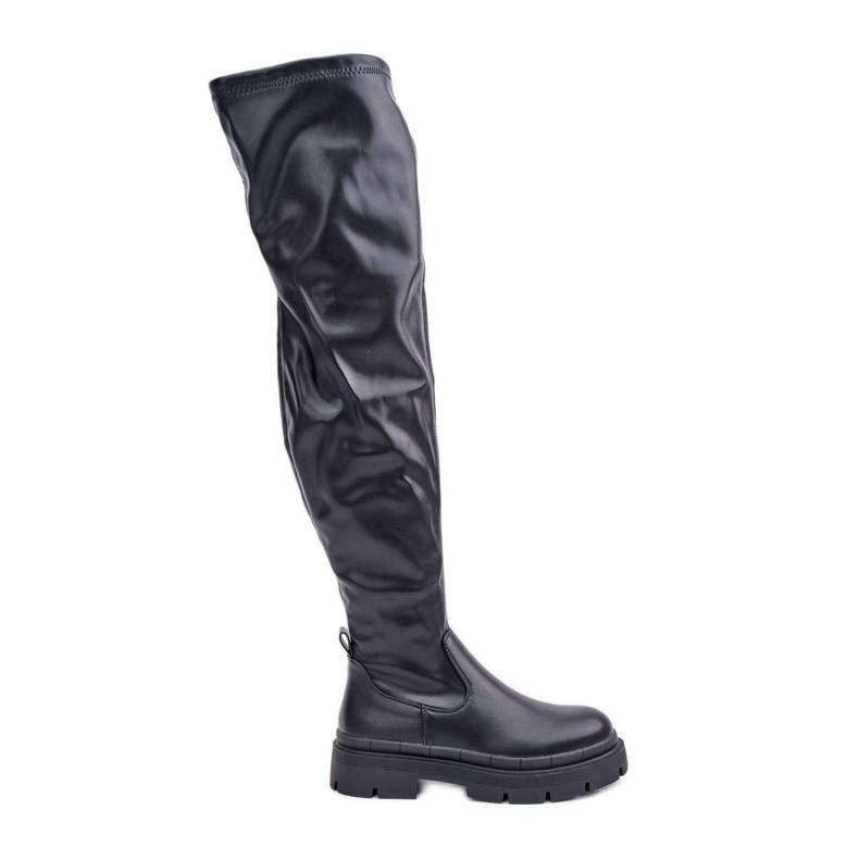 Kozačky nad kolena na plochém podpatku, černé černá Kozačky nad kolena na plochém podpatku, černé černá