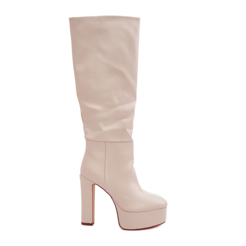 Kozačky na vysokém podpatku a platformě vyrobené ze světle béžové eko kůže béžový Kozačky na vysokém podpatku a platformě vyrobené ze světle béžové eko kůže béžový