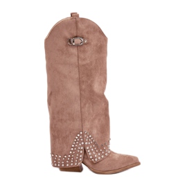 Tmavě béžové kozačky s ohrnutým svrškem na vysokém podpatku béžový Tmavě béžové kozačky s ohrnutým svrškem na vysokém podpatku béžový