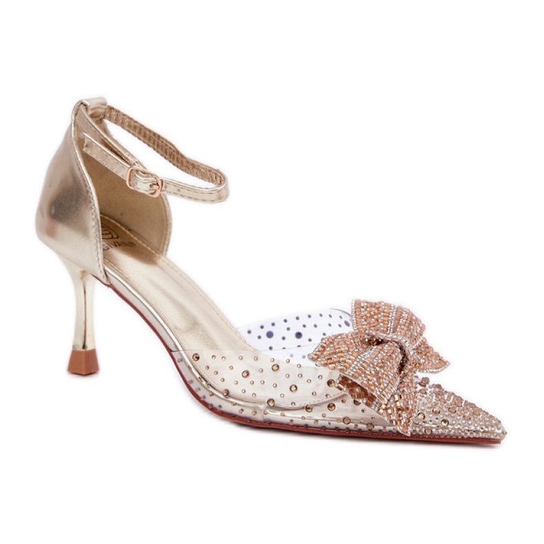 Dámské vysoké podpatky zdobené efektní zlatou mašlí zlatý