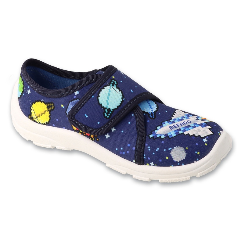 Dětské pantofle Befado tmavě modré na suchý zip 974X578 s ozdobami modrý