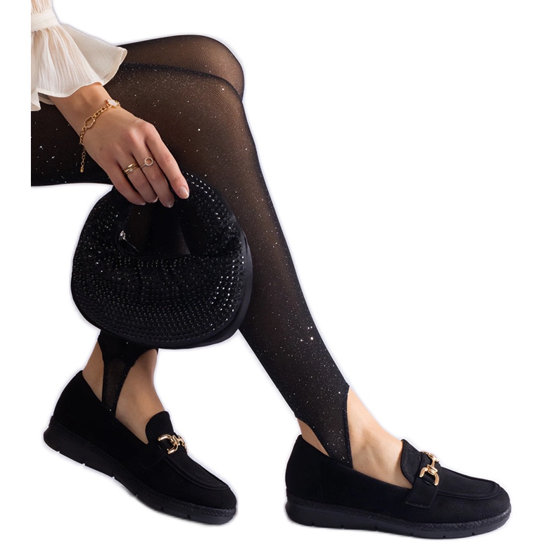 Mokasíny černé ženy s ekologickou semišem s řetězem černá Mokasíny černé ženy s ekologickou semišem s řetězem černá