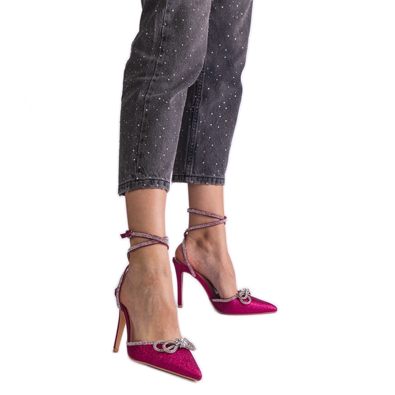 Růžové třpytky vysoké podpatky s lukem a zirkony růžový