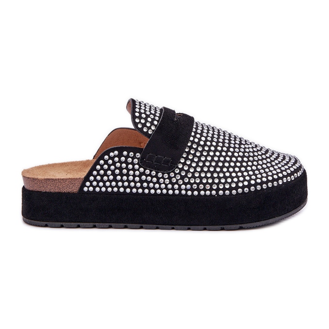 Dámské žabky zdobené zirkony na černé platformě černá