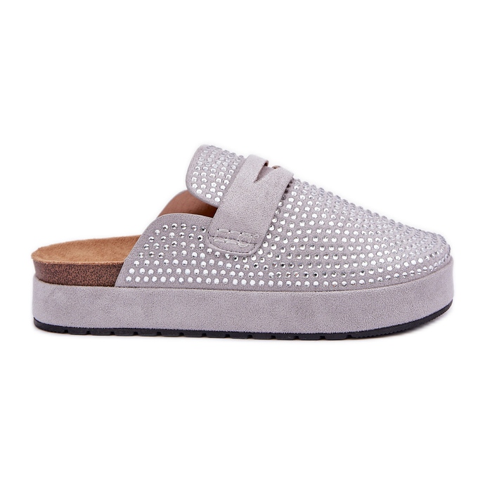 Dámské žabky zdobené zirkony na šedé plošině šedá