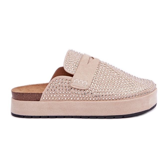 Dámské pantofle zdobené zirkony na platformě Beige béžový