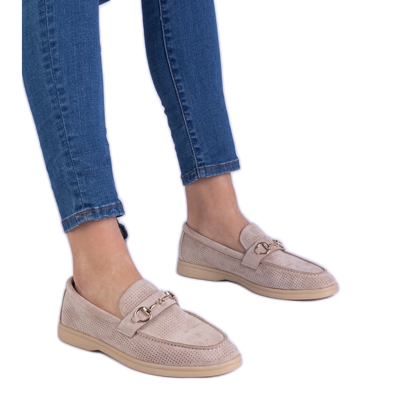 Hnědé otevřené práce ekozamszamowe mokasíny se zlatou dekorací hnědý Hnědé otevřené práce ekozamszamowe mokasíny se zlatou dekorací hnědý