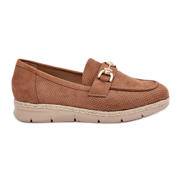 Otevřené mokasíny se zlatým detailem a jutovou hnědou cop hnědý Otevřené mokasíny se zlatým detailem a jutovou hnědou cop hnědý