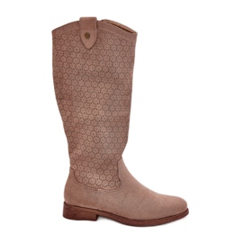 Boty s plochým podpatkem s vzorem s otevřeným dílem S.Barski HY51-062 BEIGE béžový