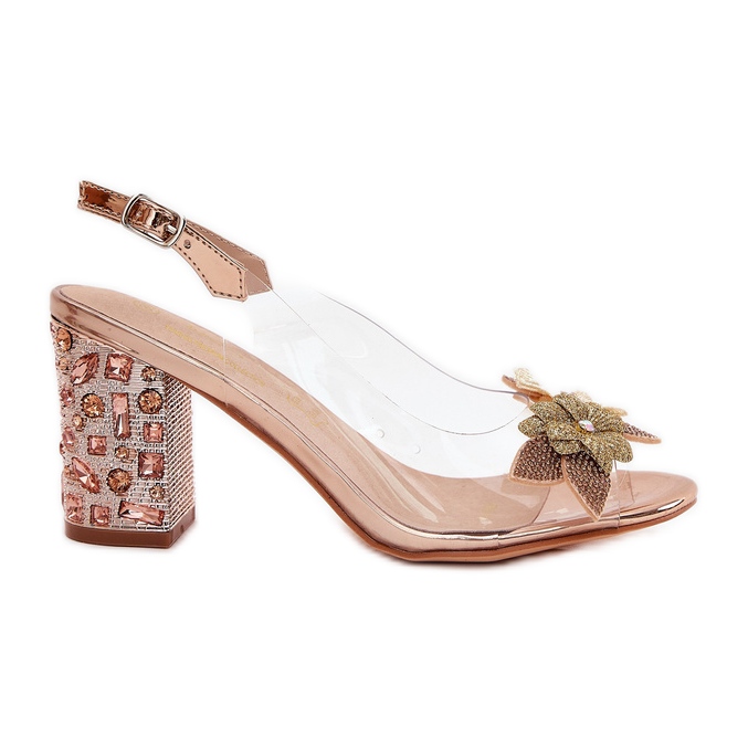 S.Barski Transparentní sandály s květinami na zdobeném patě MR38-331 Pink Gold zlatý