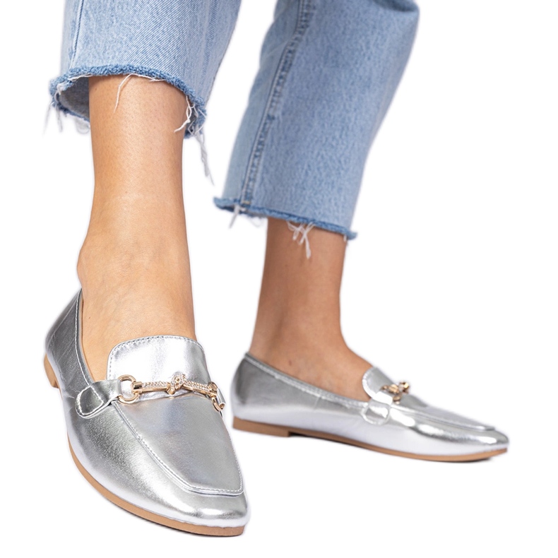 Stříbrné elegantní mokasíny se zlatou dekorací a zirkony stříbrný Stříbrné elegantní mokasíny se zlatou dekorací a zirkony stříbrný