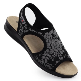 Dámské sandály na vyrážce flexibilní s květinami Black UNISOFT 7196 černý