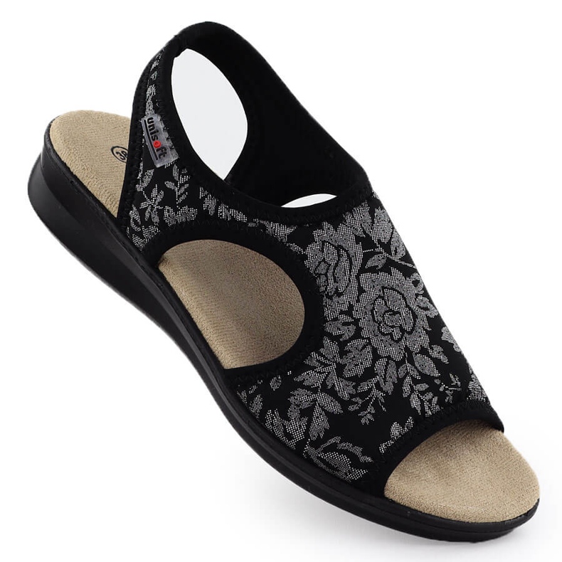 Dámské sandály na vyrážce flexibilní s květinami Black UNISOFT 7196 černá