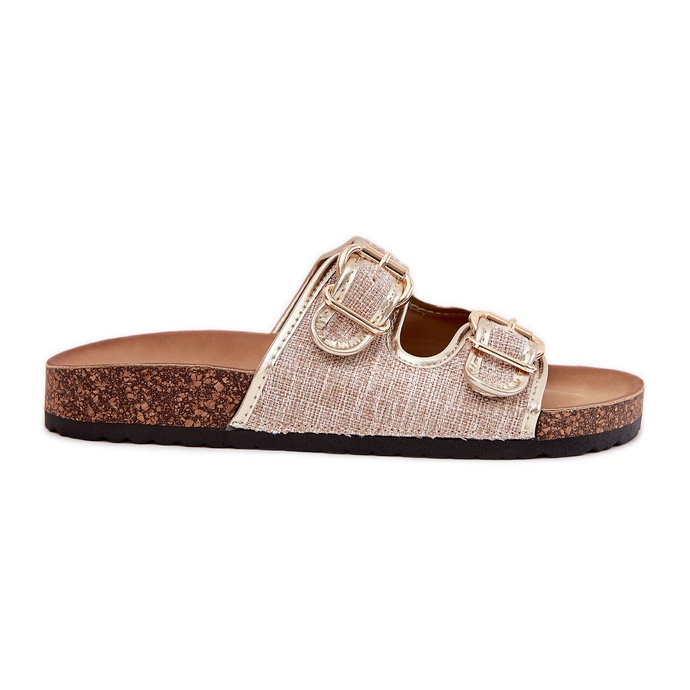 Dámský materiál žabky na korkovou platformu se zlatými spony