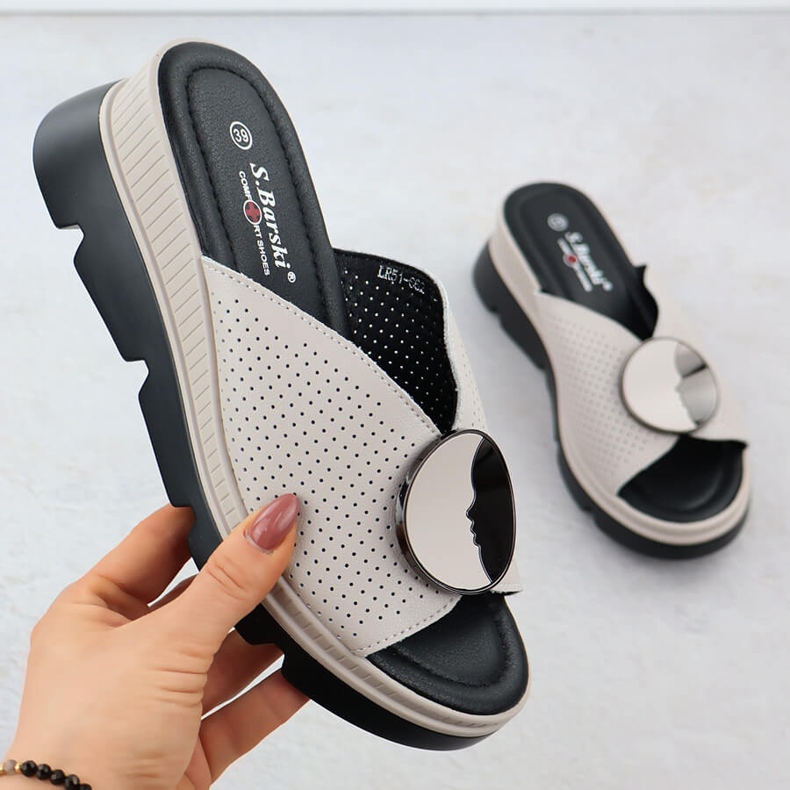 S.Barski Dámské kožené žabky Flip Flip Openwork Beige S. Barski LR51-662 béžový