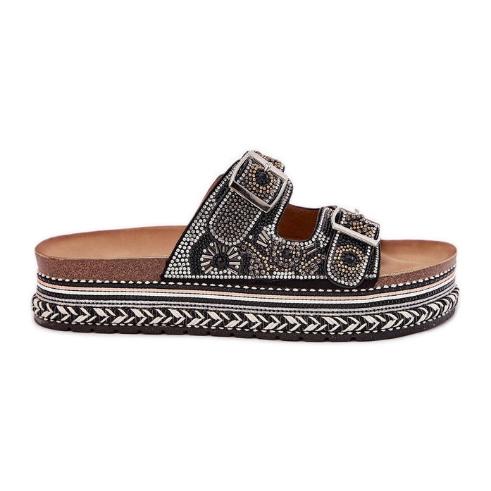 Pantofle s dekorací a spony na černé platformě černá