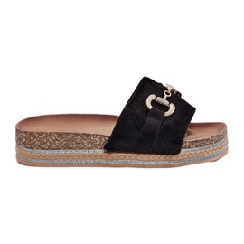 Dámské žabky na plošině se zlatým ozdobou a brokátem černý