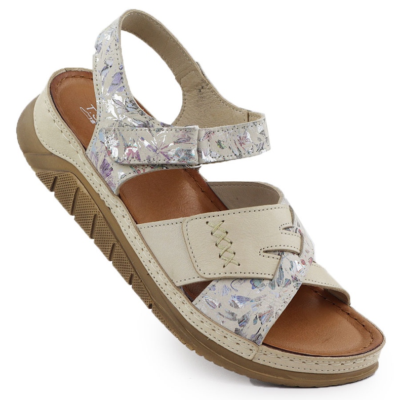 Kůže pohodlné sandály na suchý zip s béžovými květy T.Sokolski L25-173