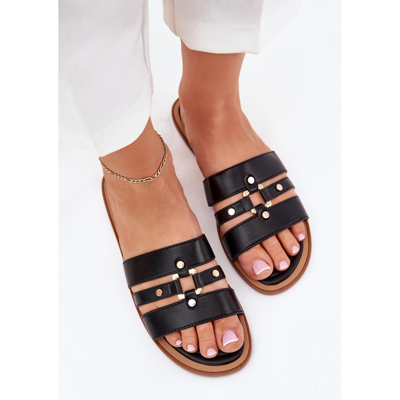 Ploché dámské žabky se zlatými detaily černé černá Ploché dámské žabky se zlatými detaily černé černá