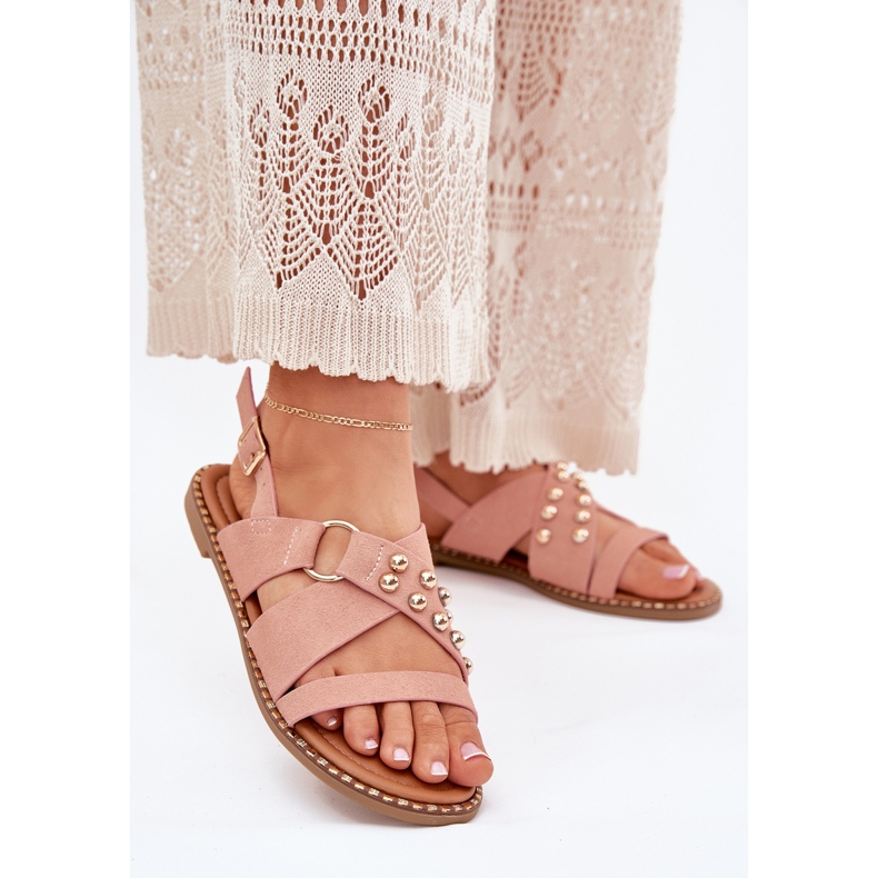 Dámské sandály s plochou se zlatými čepy růžové růžový Dámské sandály s plochou se zlatými čepy růžové růžový