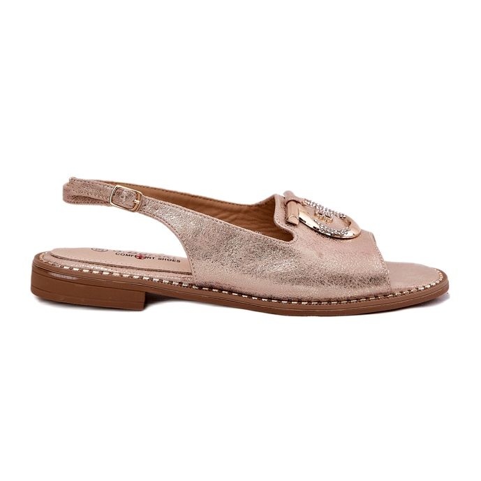 Elegantní dámské sandály s dekorací s plochým podpatkem S.Barski KV51-003 Pink Gold zlatý