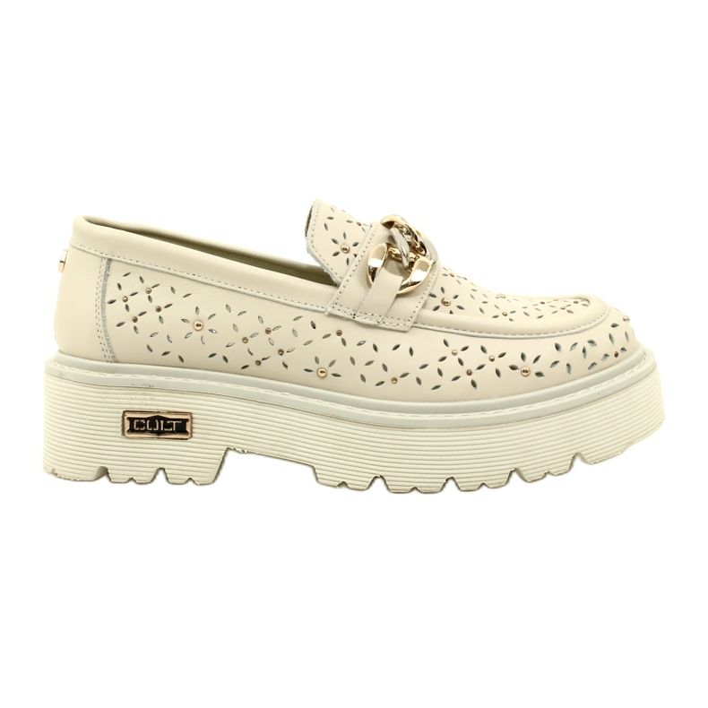 Kožená otevřená dámská mokasína na platformě s dekorací CLW319405 BEIGE béžový