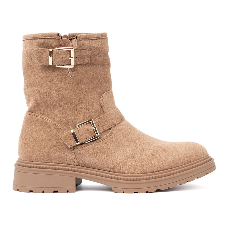 Shelvt Karamelové boty s dekorativními zlatými svorkami