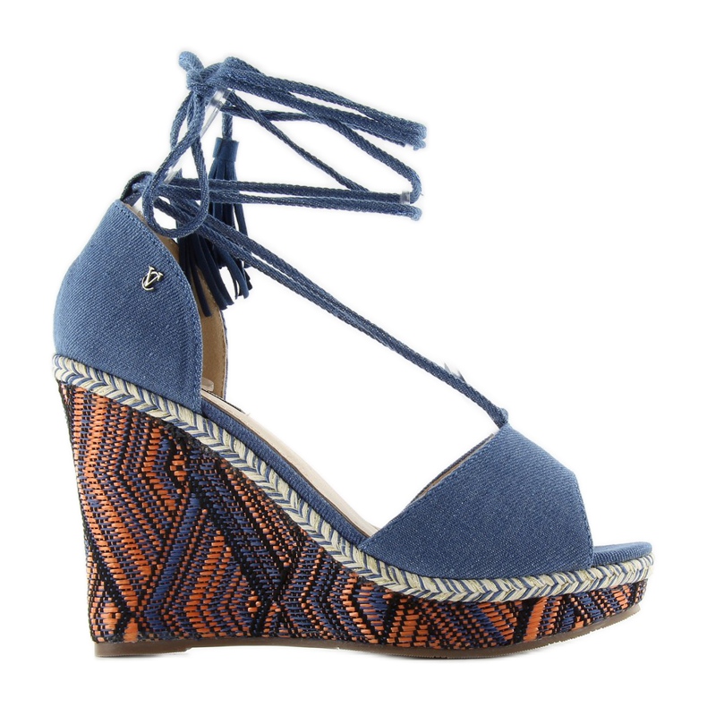 Sandály na klínu uvázané ke kotníku 2075 modrý