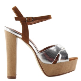 Block Heels M3006 stříbrné sandály šedá Block Heels M3006 stříbrné sandály šedá
