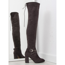 Kozačky nad kolena s šedými šedými podpatky hnědý šedá vícebarevný