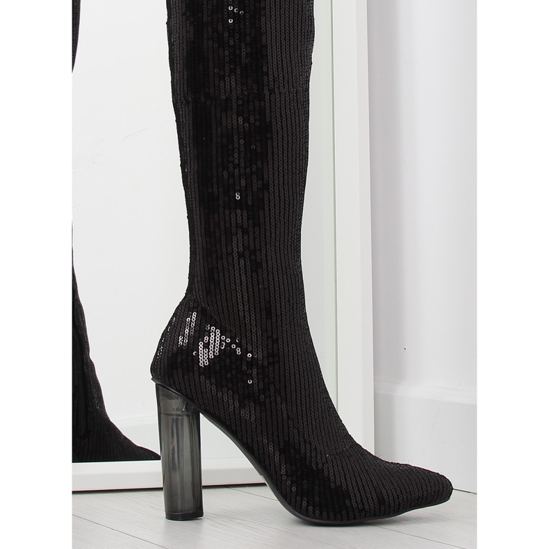 Černé flitrové stehenní kozačky AE55P černé černá