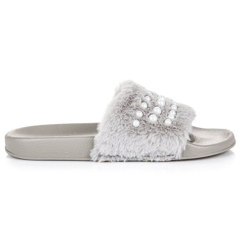 Pantofle s kožešinou a perlami šedá