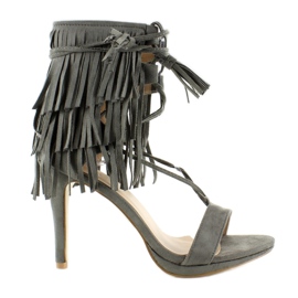 Sandály na vysokém podpatku s třásněmi 8125 Gray šedá Sandály na vysokém podpatku s třásněmi 8125 Gray šedá