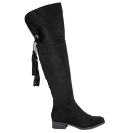 Forever Folie Černé stehenní kozačky na plochém podpatku černá Forever Folie Černé stehenní kozačky na plochém podpatku černá