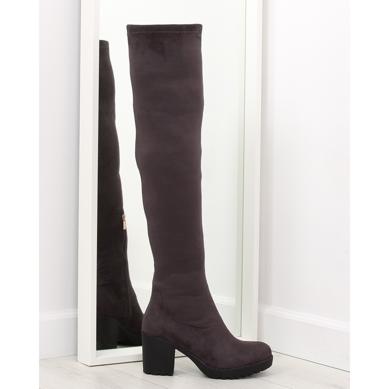 Kozačky nad kolena se širokými podpatky šedé 520 šedá