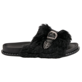 Módní žabky s kožešinou černý