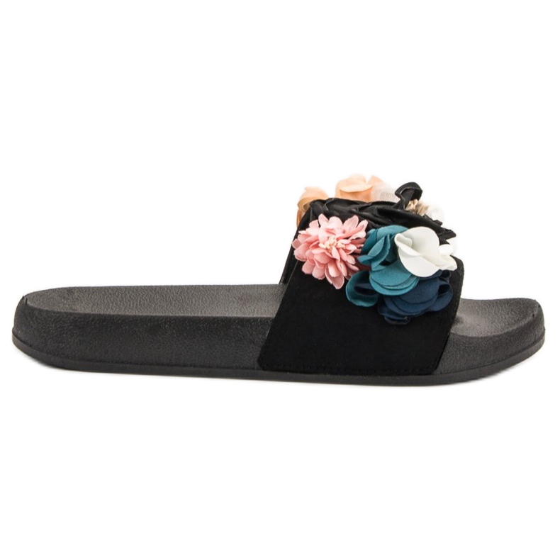 SHELOVET Černé pantofle s květinami černá
