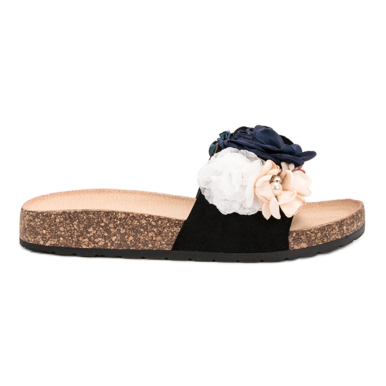 SHELOVET Semišové pantofle s květinami černá