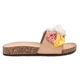 SHELOVET Semišové pantofle s květinami hnědý