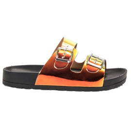 Ideal Shoes Pantofle Holo Buckle žluť