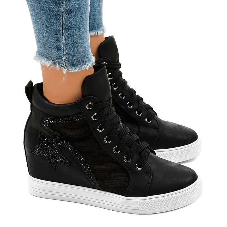 Černé tenisky se šněrovacími klíny JK-53 černá