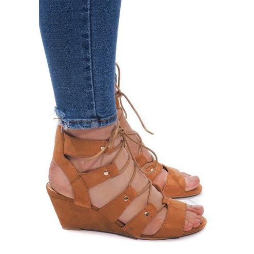 Šněrovací klínové sandály LL-115 Camel hnědý Šněrovací klínové sandály LL-115 Camel hnědý