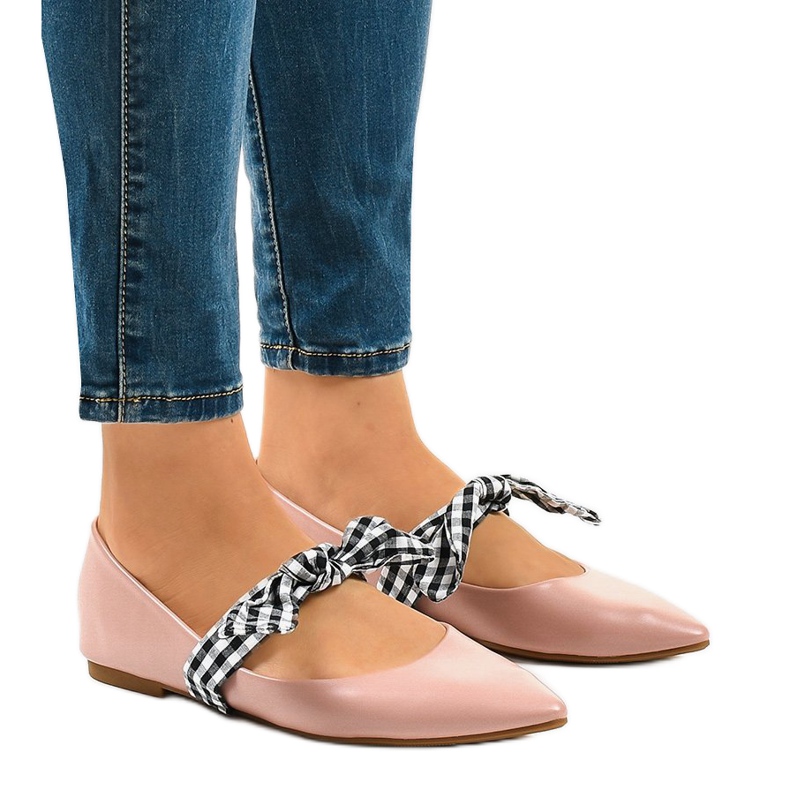 Růžové šněrovací balerínky s mašlemi NK07P růžový