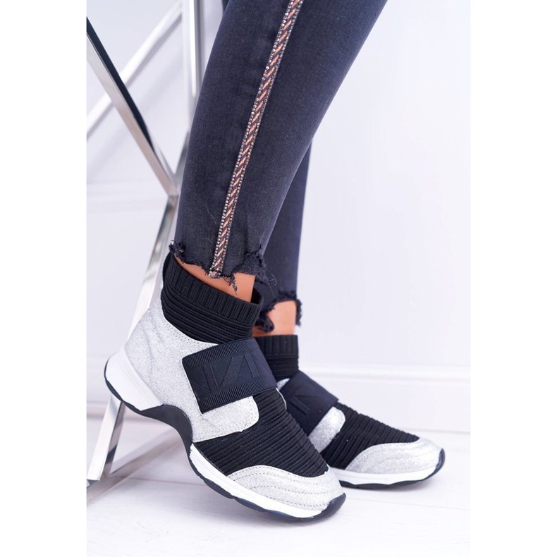 LU BOO Dámská sportovní ponožka HT9022 se stříbrnými třpytkami černá šedá