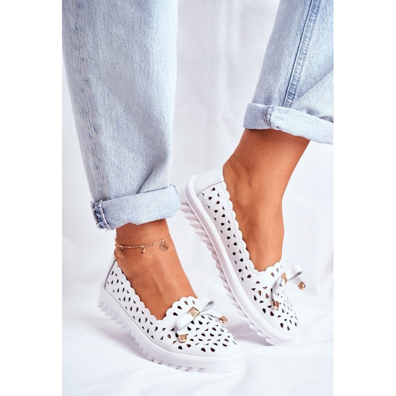 S.Barski Bílé prolamované kožené mokasíny LR71515 bílý