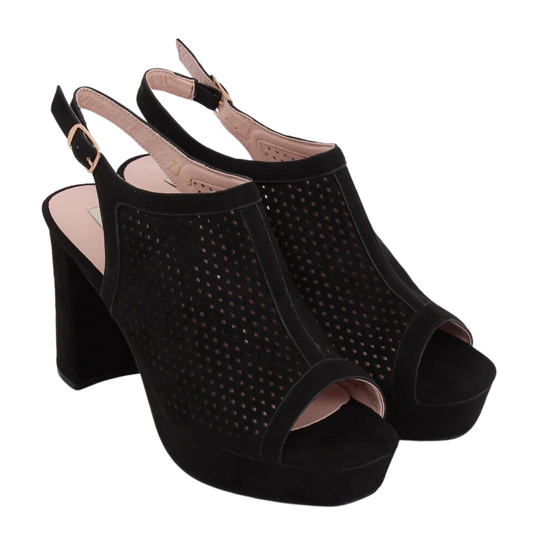 Černé prolamované sandály na vysokém podpatku 9R82 Black černá