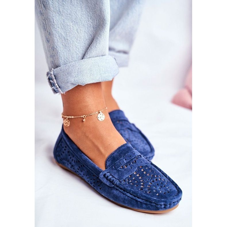 S.Barski Tmavě modré semišové prolamované mokasíny LR92309 námořnická modrá