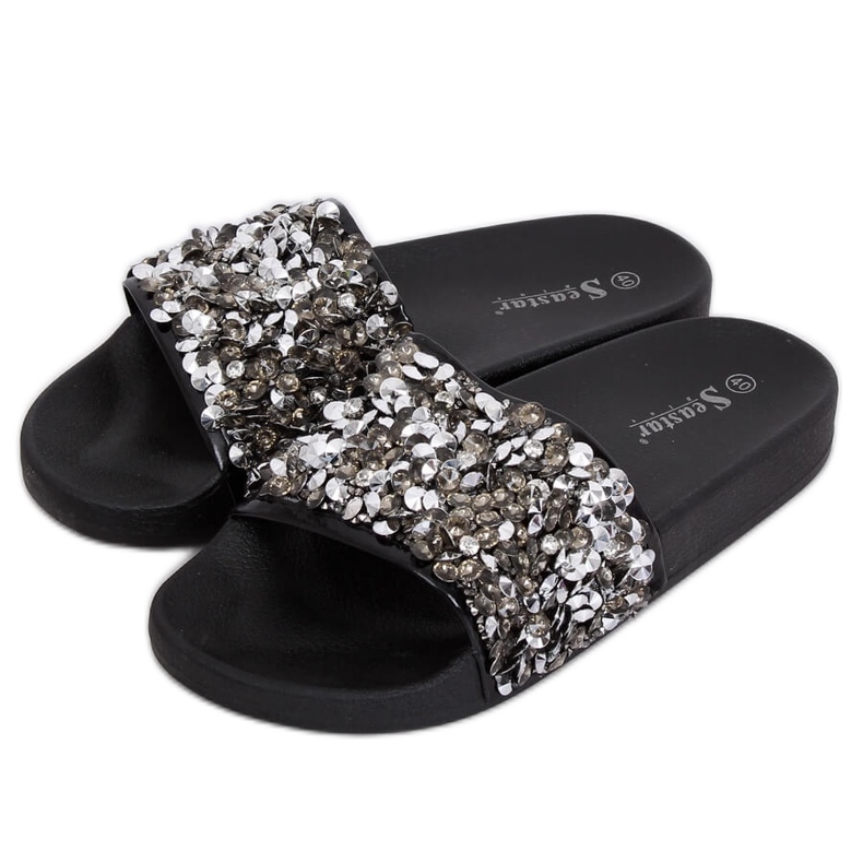 Dámské pantofle s kamínky černé CK106P Black šedá