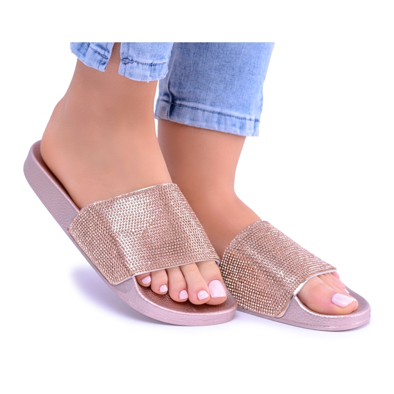 LU BOO Dámské pantofle s kubickým zirkonem LadyCristal Rose Gold růžový žlutá