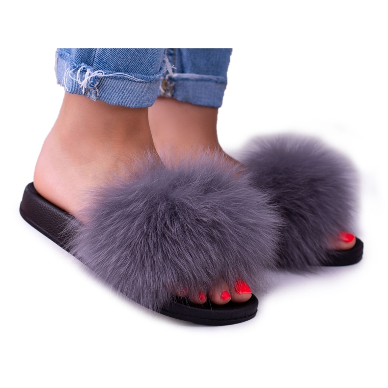 Dámské pantofle s přírodní kožešinou šedou Naturis šedá